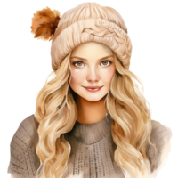 l'automne tomber mode femme avec hiver chapeau et confortable robe, portrait aquarelle clipart isolé ai généré png