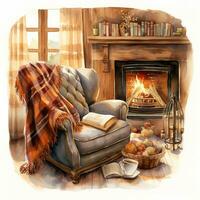 otoño, otoño acogedor leyendo rincones con silla, tartán modelo ropa, libros terminado tradicional de madera horno fuego acuarela clipart ai generado foto