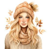 otoño otoño Moda niña con blanco marrón pelo y desgarbado invierno sombrero, acogedor atuendo, aislado ai generado png