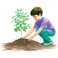 Boy planting tree, bright turquoise, purple and teal blue graphics, suicide prevention week watercolor clipart isolated AI generated png