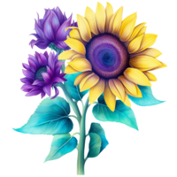 hopeful yellow sunflower and purple flower, bright turquoise, purple and teal blue graphics, suicide prevention week watercolor clipart isolated AI generated png