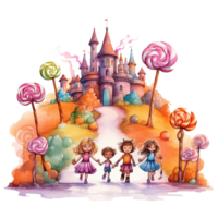 Children playing in a halloween candyland watercolor illustration isolated, fairy tale castle AI generated png