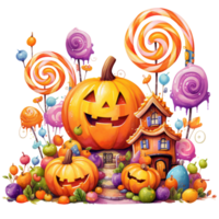 halloween laughing scary pumpkin with candy, candyland watercolor illustration isolated AI generated png