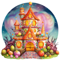 Halloween terra di dolciumi acquerello illustrazione isolato, Fata racconto castello su il collina ai generato png