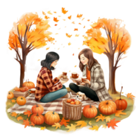 family in autumn park, two girl gossip under fall tree, autumn harvest season, watercolor isolated AI Generatiive png