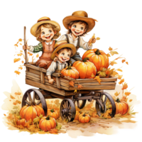 child and pumpkins, autumn farmhouse harvest scene watercolor isolated AI Generatiive png