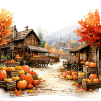pumpkins in a barn, autumn harvest farmhouse scene watercolor isolated AI Generatiive png