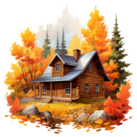 huis in herfst Woud, vallen landschap tafereel, waterverf clip art ai generatief png