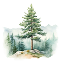 Watercolor illustration of green mountain covered with cloud and set of pine tree forest isolated ai generated png