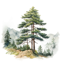 Watercolor illustration of green mountain covered with cloud and set of pine tree forest isolated ai generated png