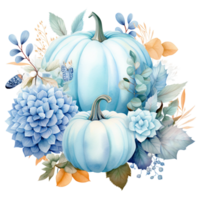 azul calabaza y flores acuarela ilustración aislado ai generado png