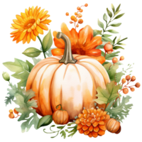 pumpkin and autumn leaves with floral vibes watercolor illustration isolated ai generated png