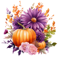 autumn pumpkin and purple daisy flowers watercolor illustration isolated ai generated png