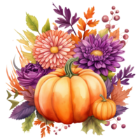 pumpkin and autumn leaves and flowers watercolor illustration isolated ai generated png