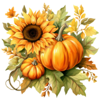 autumn leaves and pumpkins with sunflower watercolor illustration isolated ai generated png