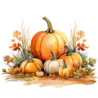 set of pumpkins and autumn fall leaves watercolor isolated illustration ai generated png