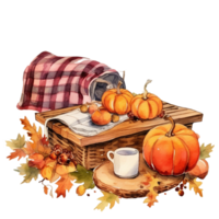 knus herfst, vallen tafereel van pompoen Aan top van tafel, thee kop en bladeren waterverf illustratie geïsoleerd ai gegenereerd png