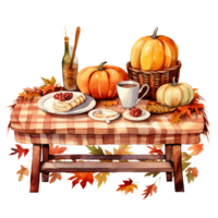 cozy autumn, fall scene of pumpkin on top of table and leaves watercolor illustration isolated ai generated png