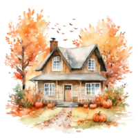 autumn tree and house watercolor illustration isolated ai generated png