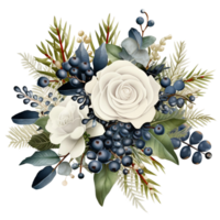 Noël fleur bouquet avec blanc Rose et bleu Cerise et pin arbre feuilles ai généré png