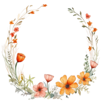 round frame of flowers, round, huge blank white space, negative space for text, watercolor clipart isolated ai generated png