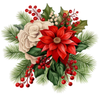 Kerstmis bloemen met kerstster, wit roos, rood kers, heilig blad en pijnboom boom bladeren ai gegenereerd png