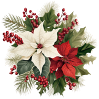 Navidad flores con rojo y blanco flor de pascua, rojo cereza, santo hoja y pino árbol hojas ai generado png