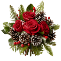 christmas decoration  for  bouquet of flowers with red rose and pine leaves, isolated on white ai generated png