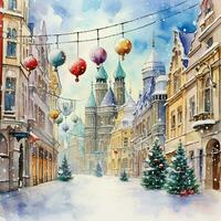 street in winter, christmas decor, winter scene watercolor illustration ai generated photo