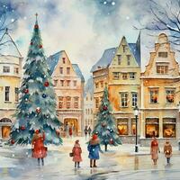 christmas market square, winter scene watercolor illustration ai generated photo