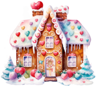 peperkoek huis met Kerstmis decoratie en boom geïsoleerd waterverf clip art ai gegenereerd png