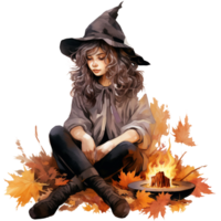 witch with  fall leaves and fire, autumn harvest, watercolor clipart isolated ai generated png