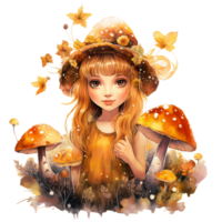 girl with mushrooms, autumn fall fairy watercolor clipart ai generated png