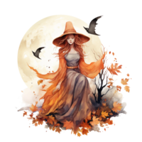 l'automne récolte sorcière sorcière avec citrouille aquarelle clipart isolé ai généré png