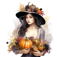 Víspera de Todos los Santos bruja con calabaza, otoño cosecha temporada acuarela clipart aislado ai generado png