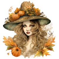 girl with pumpkin, fall princess watercolor ai generated png