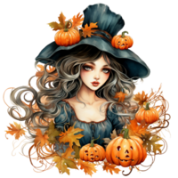 halloween witch with pumpkin, fall princess clipart ai generated png