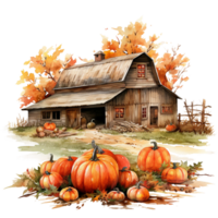 halloween pumpkin and farmhouse, autumn scene ai generative png