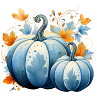 acuarela azul calabaza con hojas ai generado png