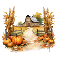 pumpkins and corn in front of a farmhouse and rustic barn house ai generative png