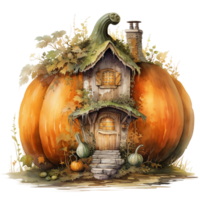 Fall autumn pumpkin fairy house watercolor isolated ai generated png