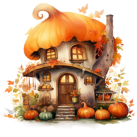 Fall autumn pumpkin fairy house with night light watercolor illustration isolated ai generated png