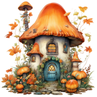 Fall autumn pumpkin and mushroom fairy house watercolor illustration isolated ai generated png