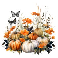 pumpkins, flowers and butterfly watercolor illustration isolated ai generated png