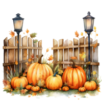 halloween pumpkin and lantern on a wooden fence ai generated png