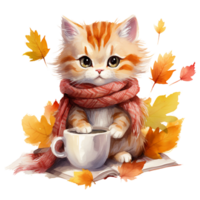 kat met een kop van thee, vallen bladeren knus herfst waterverf illustratie geïsoleerd ai gegenereerd png