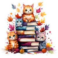 gatos con apilar de libros, otoño otoño hojas, acogedor acuarela ilustración aislado ai generado png