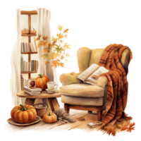 chair in a room with book, watercolor illustration, cozy nooks isolated ai generated png