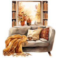 herfst vallen tafereel door venster van sofa en leven kamer interieur, waterverf illustratie, knus hoekjes geïsoleerd ai gegenereerd png