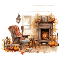 Living room interior with fireplace and reading chair, watercolor illustration, cozy nooks isolated ai generated png